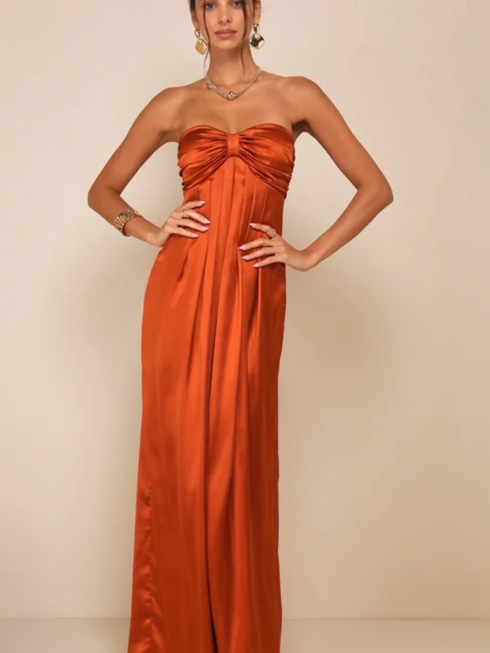 Memorable Entrance Rust Orange Strapless Satin Dress - Picture 1 of 7